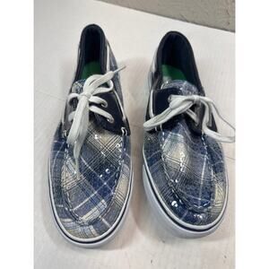 Sperry Top Sider Womens Navy White Sequin Lace Up Flat Loafer Boat Shoe Size 7.5